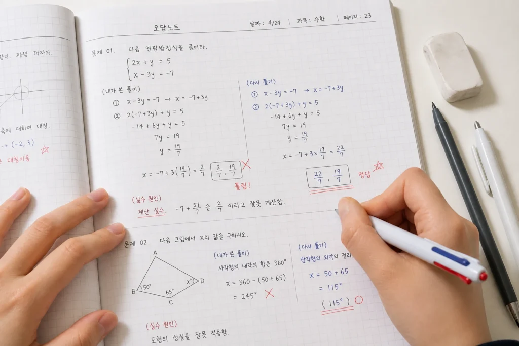 성인 수학 공부 실천 방법을 정리하는 장면