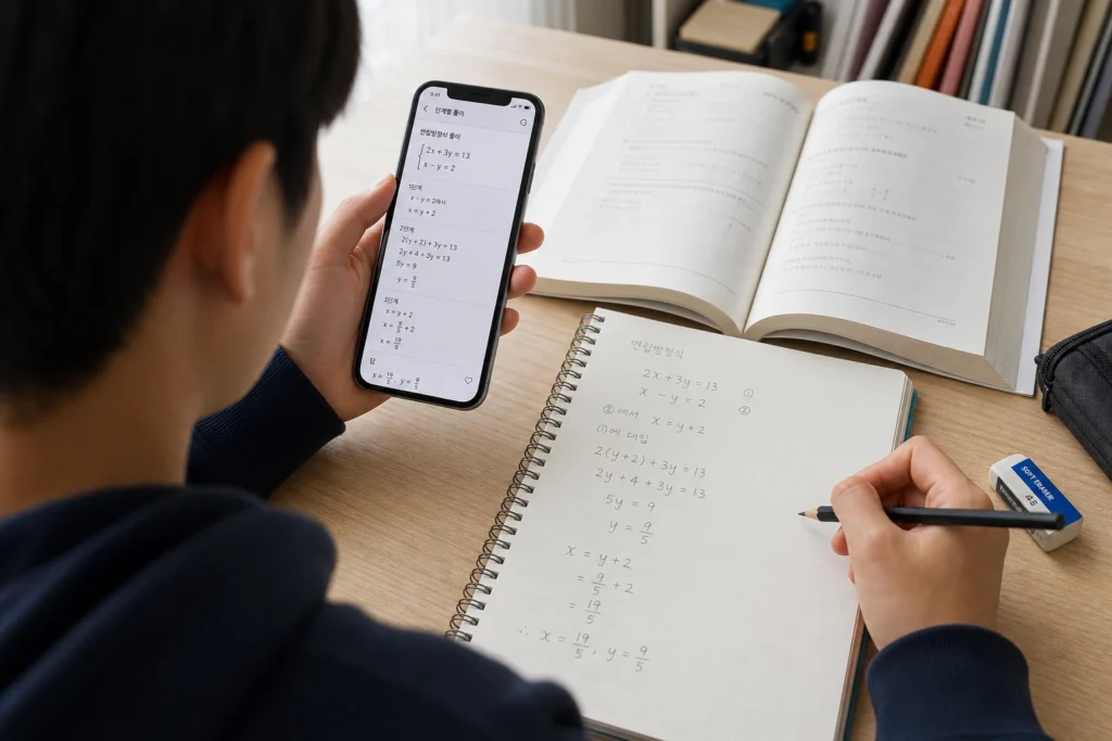 수학 문제 풀이 학습 과정을 점검하는 모습